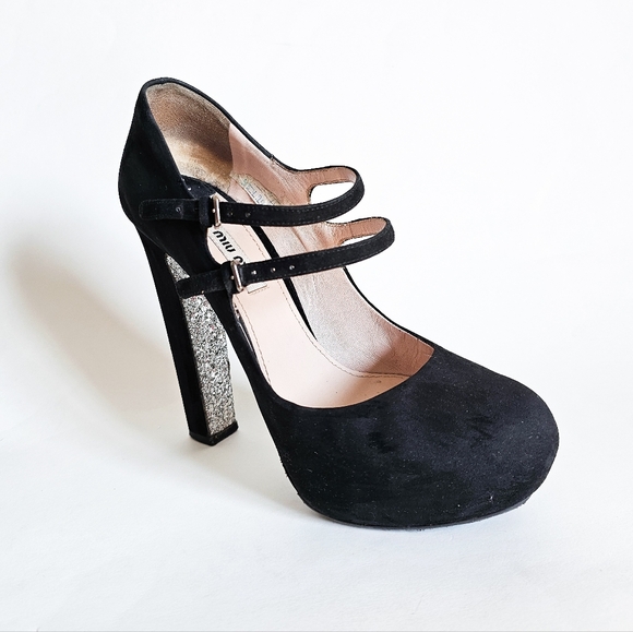 Miu Miu Black Suede Glitter Sole Mary Jane Heels, Size 38 - Picture 4 of 12